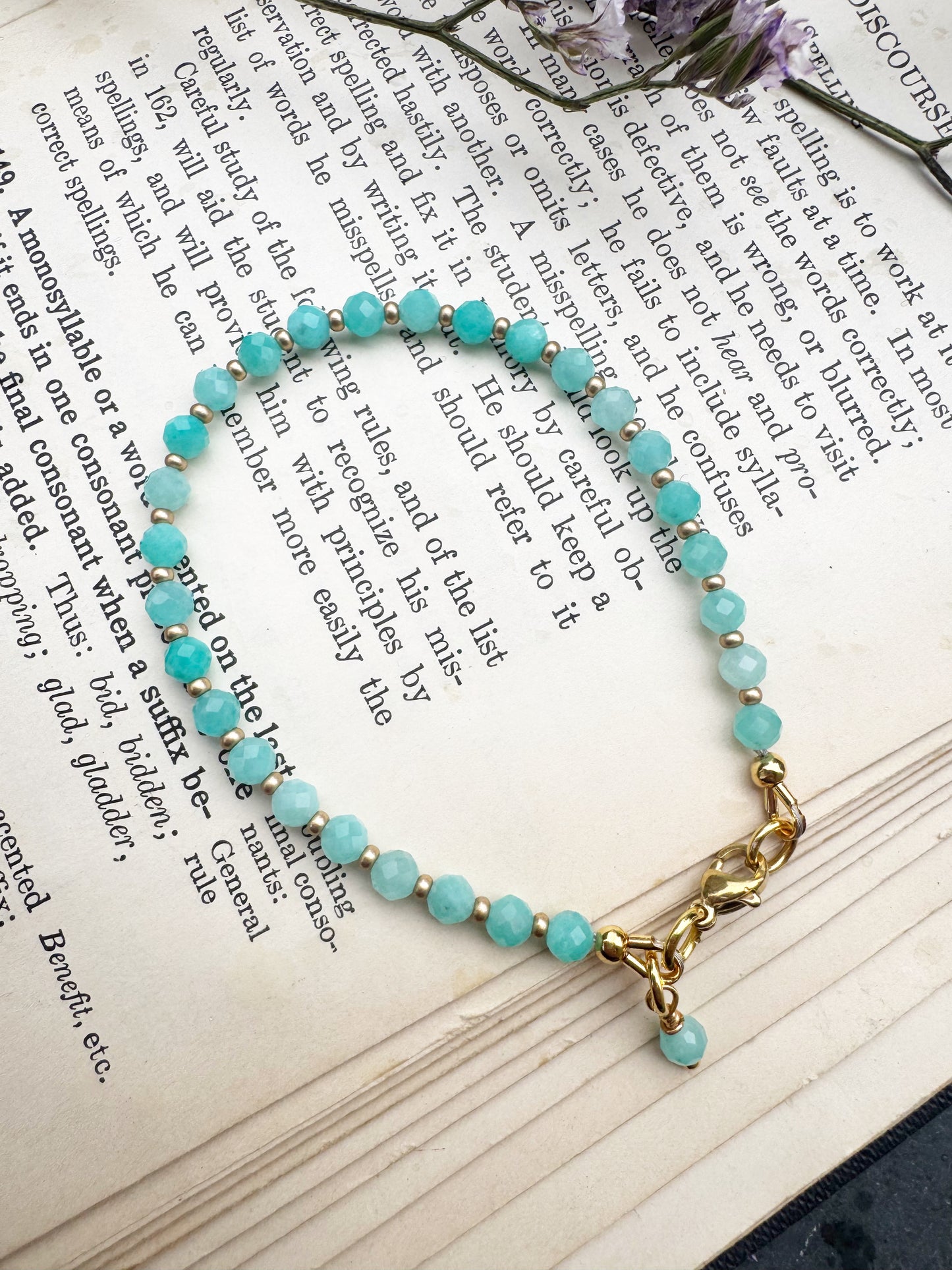 Amazonite Russian faceted round stone, gold metal, bracelet