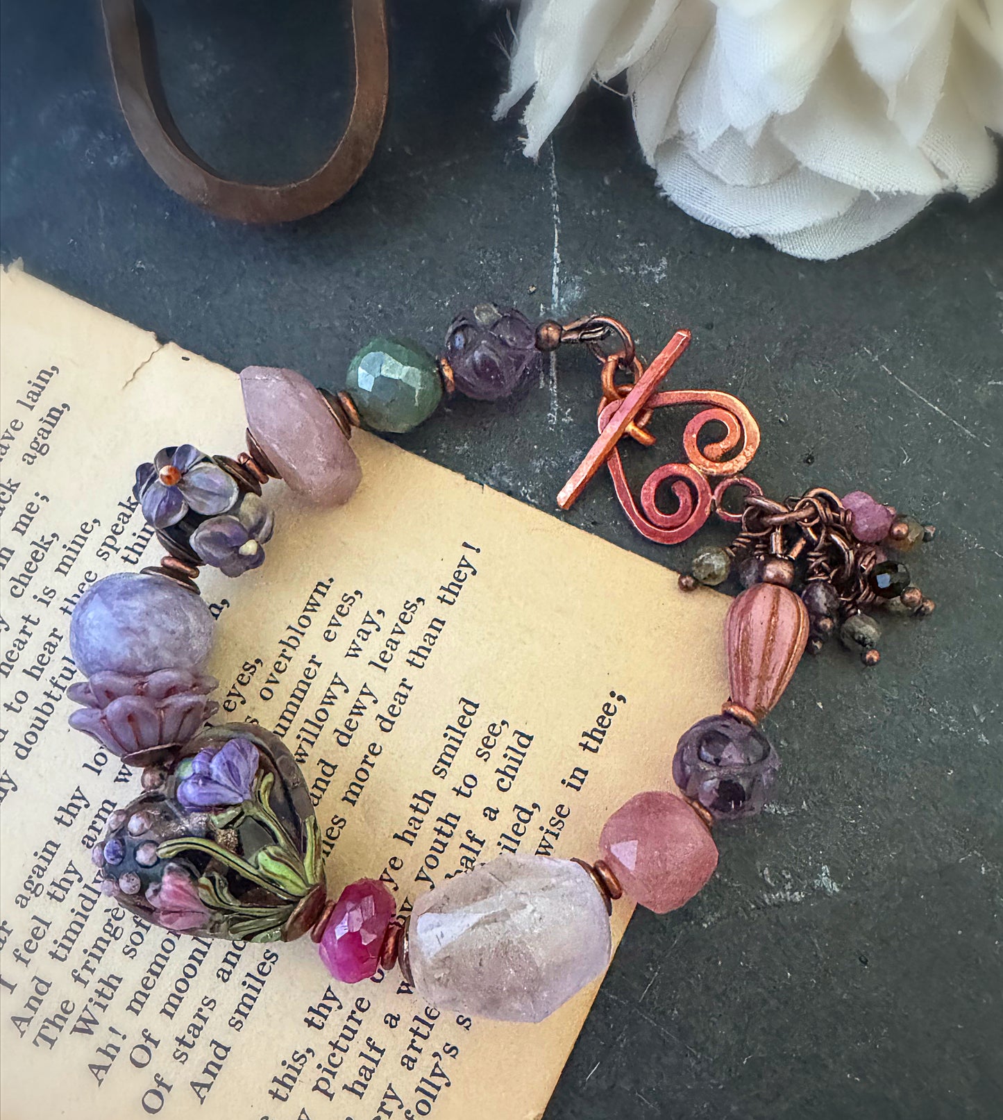 MTO. Amethyst stone, Madagascar rose quartz, lampwork glass, green jade,czech glass, bracelet