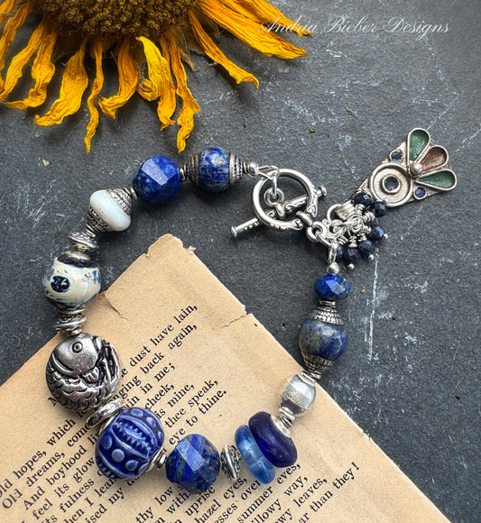 Lapis lazuli stone, Czech glass, ceramic, silver metal, bracelet