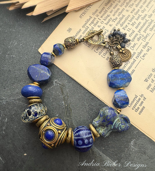 Lapis lazuli stone, Czech glass, ceramic beads, lampwork glass, brass metal, bracelet