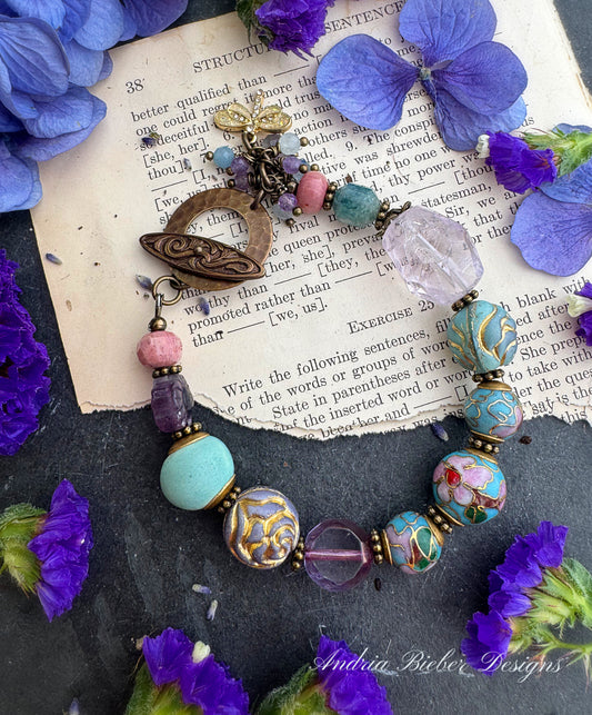 Cloisonné beads, ceramic bead, Czech glass, African brass, bracelet.