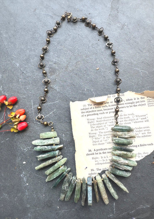 Green Kyanite gemstone necklace, African brass  metal, necklace, jewelry