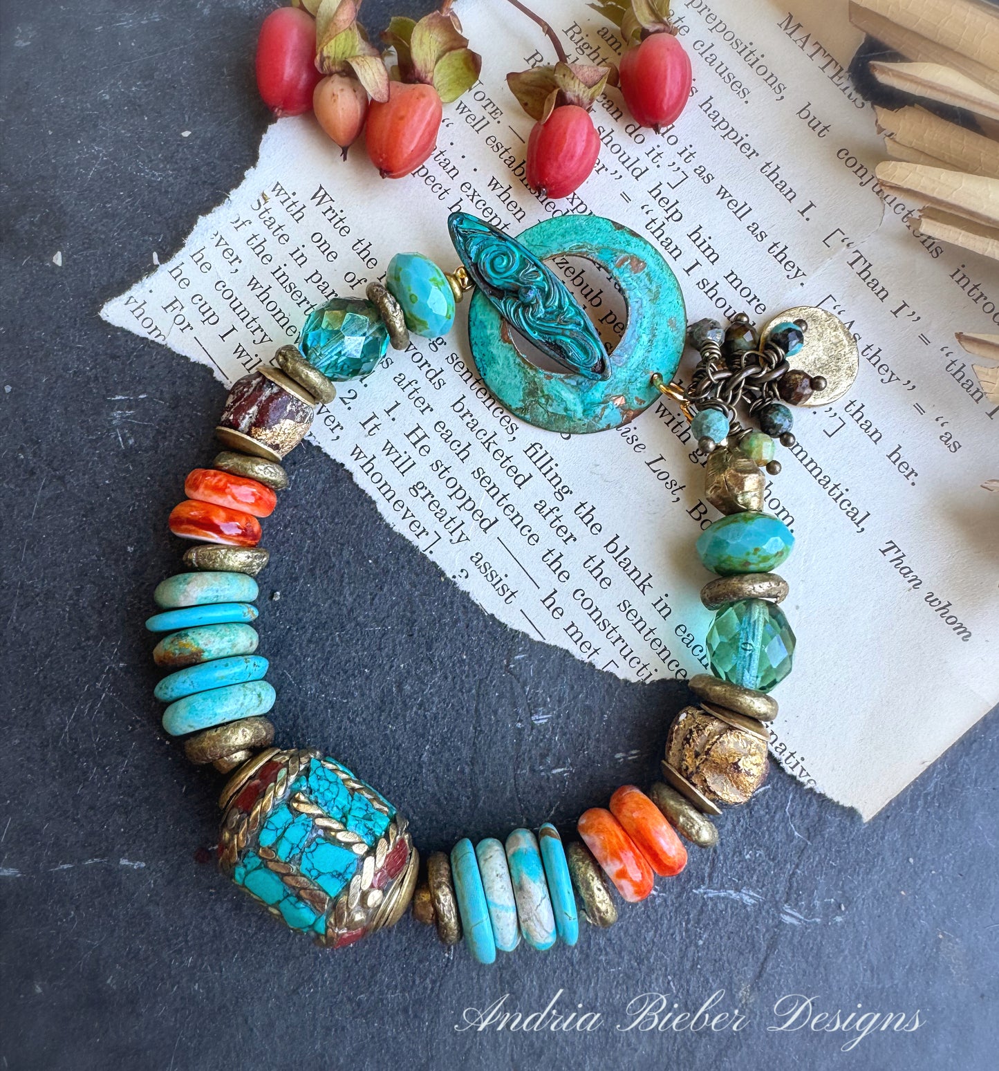 African brass, turquoise stone, Nepal center bead with coral and turquoise stone inlay, spiny oyster, African ceramic beads, Czech glass and custom made patina clasp. bracelet, jewelry