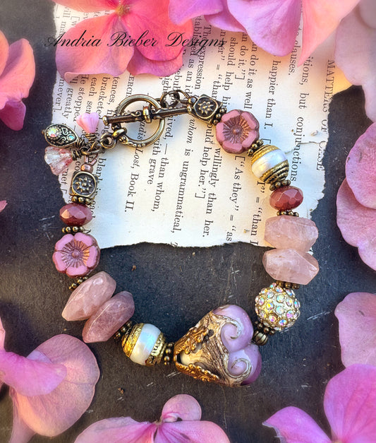 Strawberry quartz, czech glass,pearl, lampwork glass, brass metal. * made at time of order