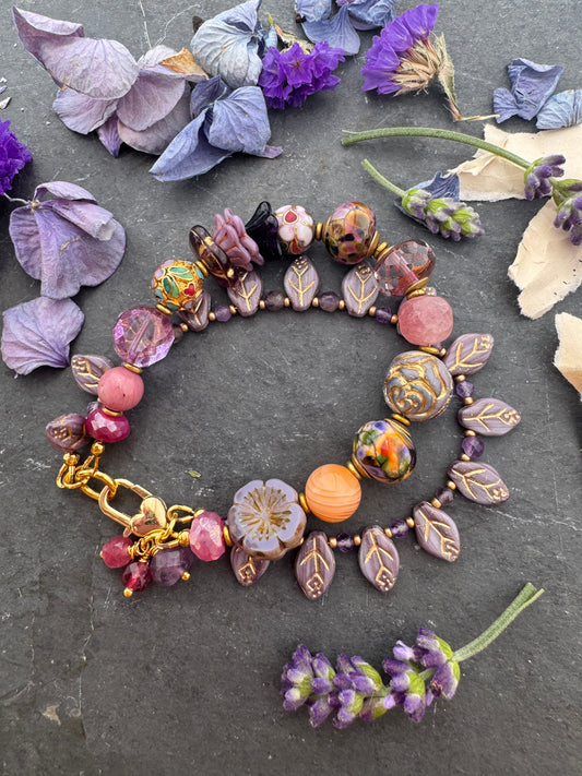 lampwork glass, mixed pink stone, Cloisonné beads, Czech glass, pink moonstone and amethyst. African brass, Czech glass leaves.