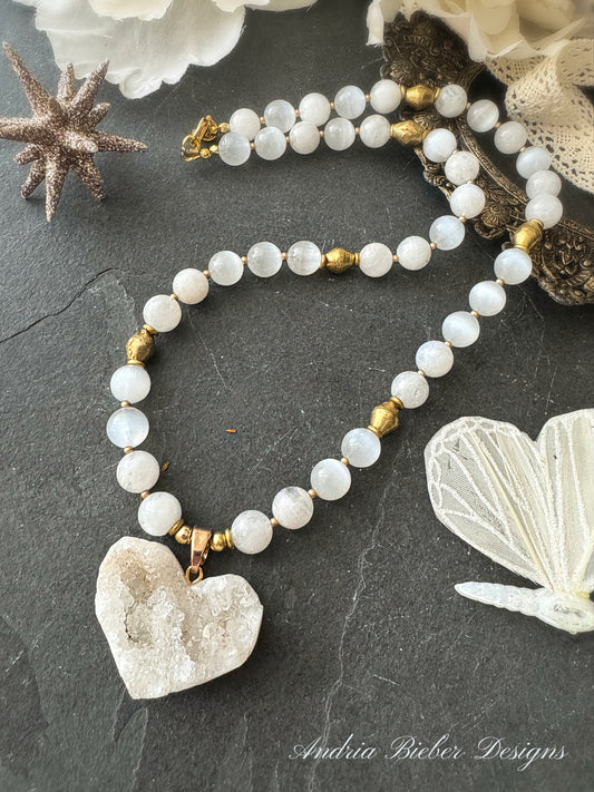 (Moonstone, selenite stone, heart druzy pendant, brass metal, necklace