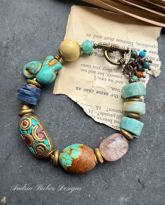 Kingman turquoise, Czech glass, kyanite, rose quartz, Amazonite, ceramic, African brass, Indonesian bead, bracelet