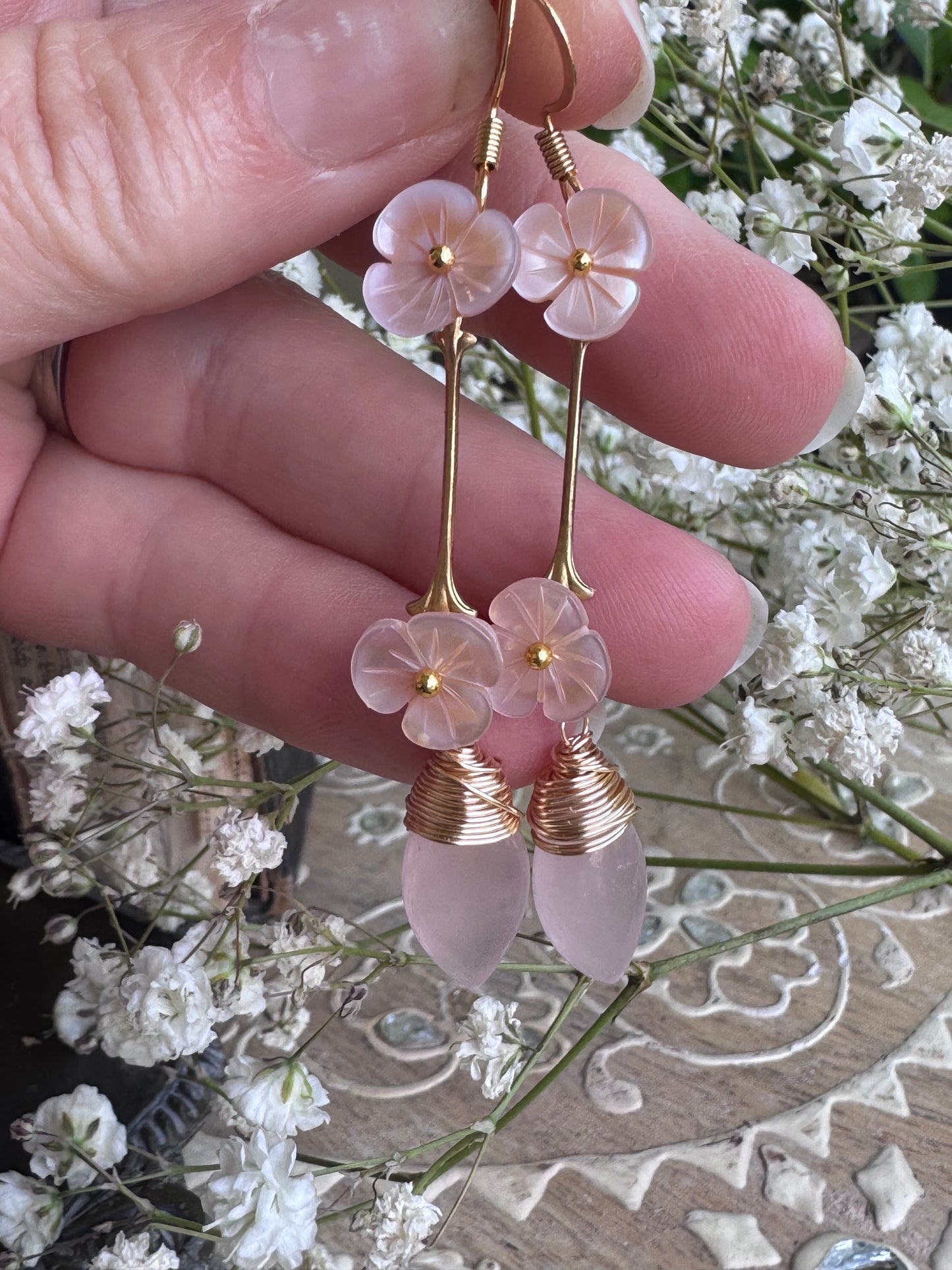 Pink opal, pink shell blossoms, gold metal, earrings