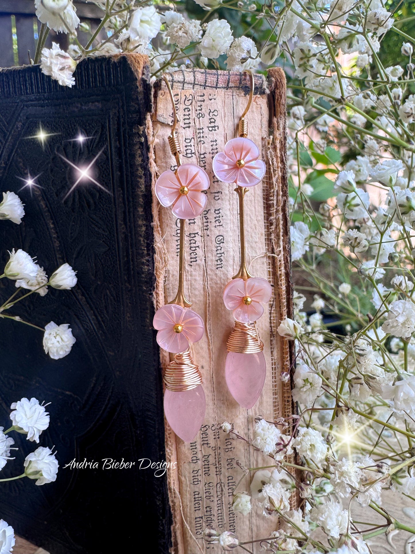 Pink opal, pink shell blossoms, gold metal, earrings