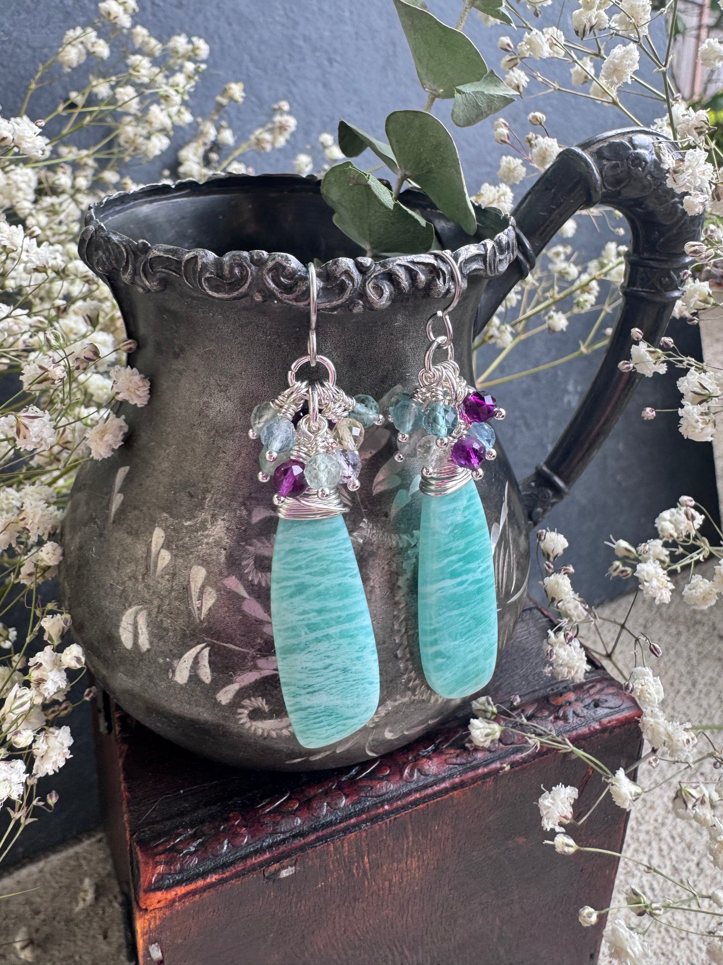Fluorite stone, Amazonite drops, stainless steel ear wires, earrings