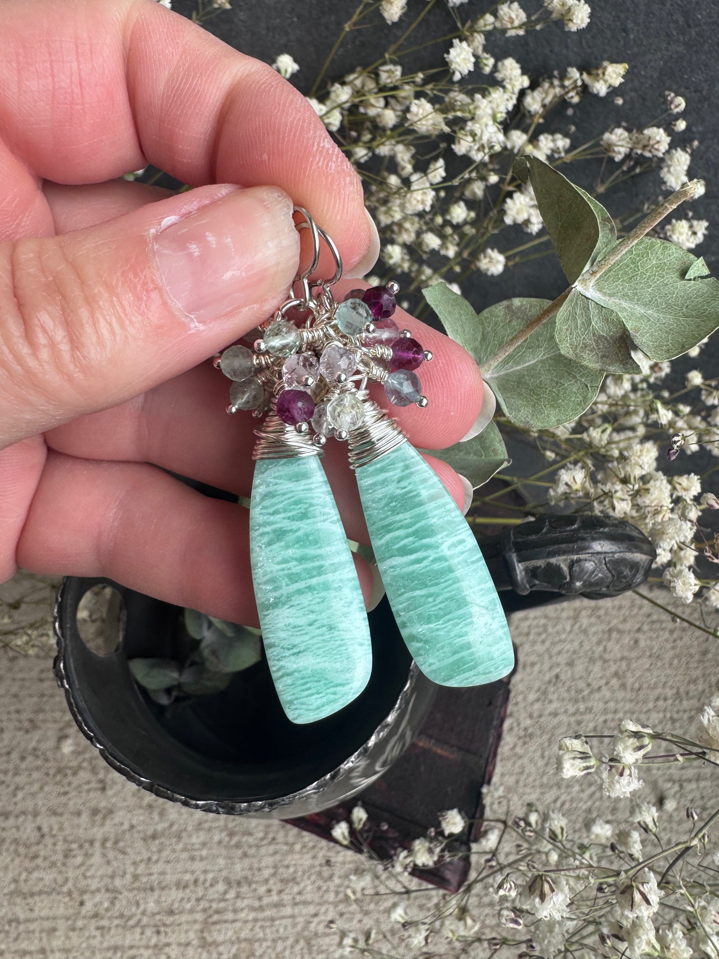 Fluorite stone, Amazonite drops, stainless steel ear wires, earrings