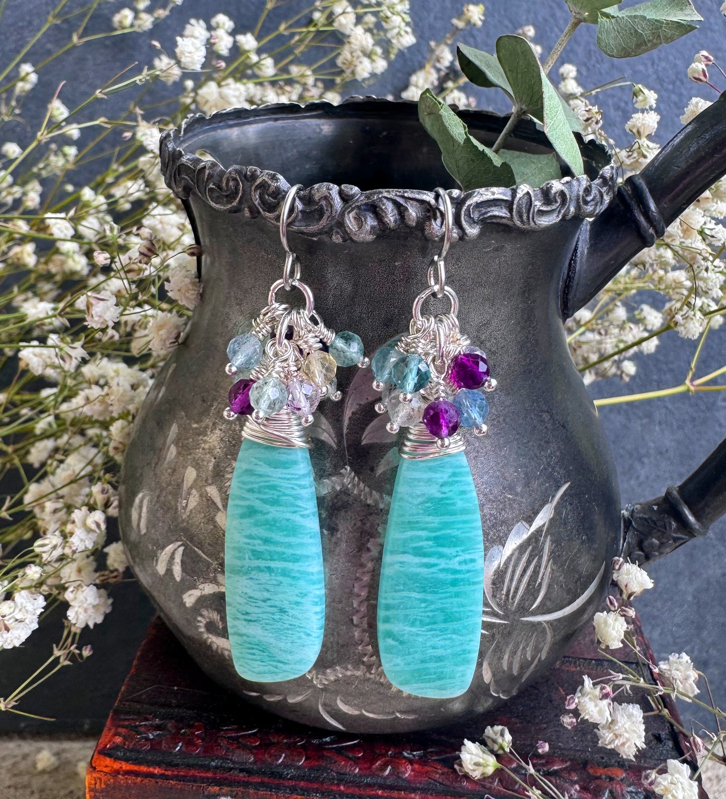 Fluorite stone, Amazonite drops, stainless steel ear wires, earrings