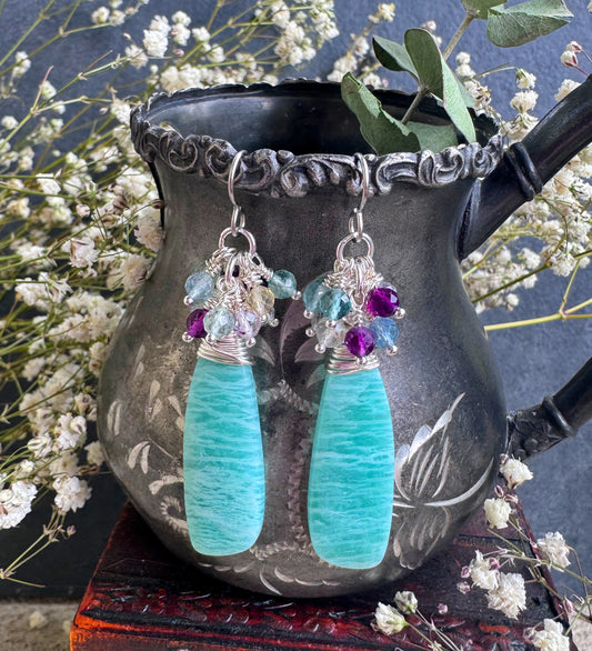 Fluorite stone, Amazonite drops, stainless steel ear wires, earrings