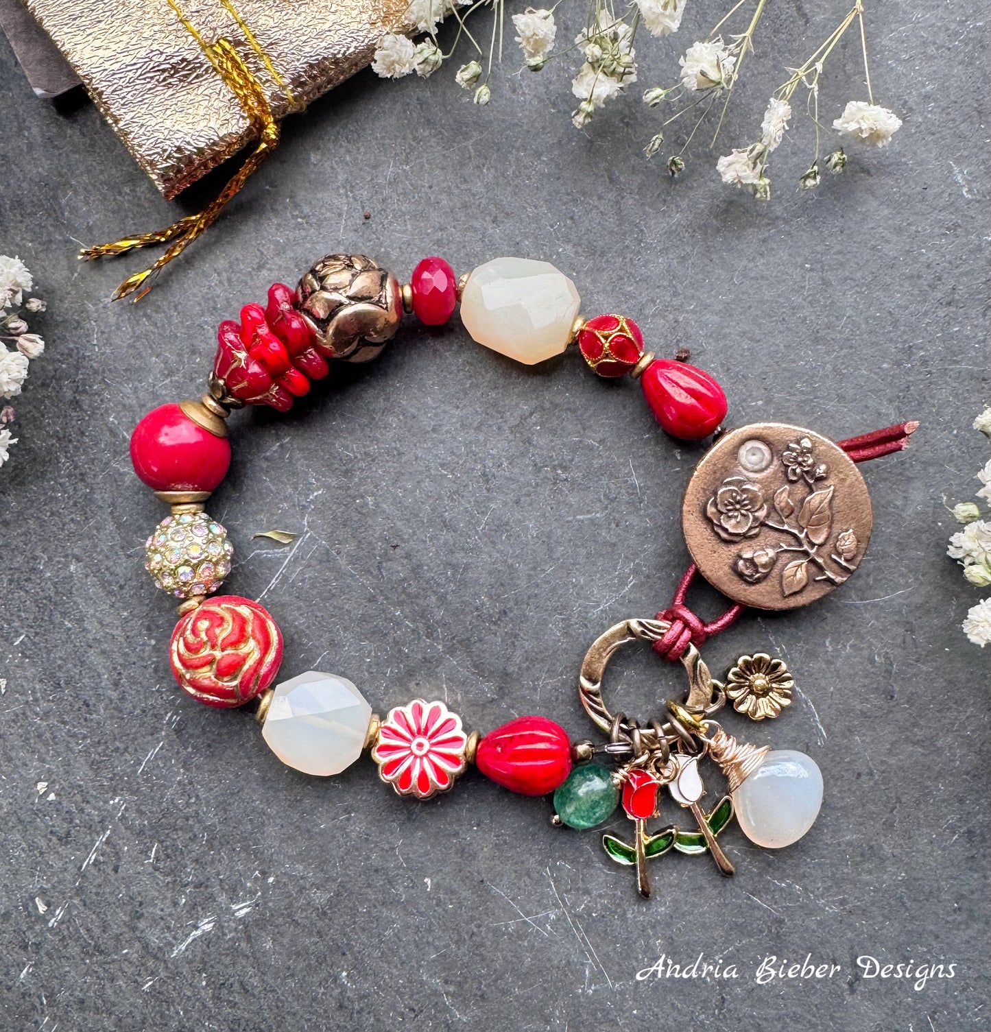 Roses. white chalcedony, Czech glass, ceramic, rhinestone and Cloisonné. Rose bronze button.