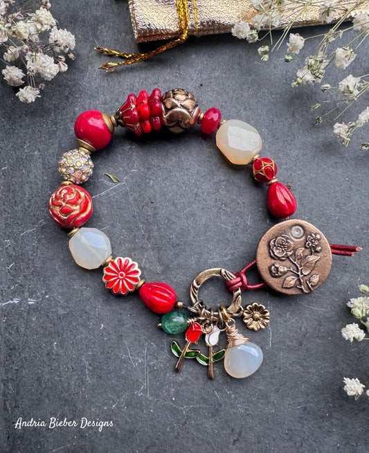 Roses. white chalcedony, Czech glass, ceramic, rhinestone and Cloisonné. Rose bronze button.