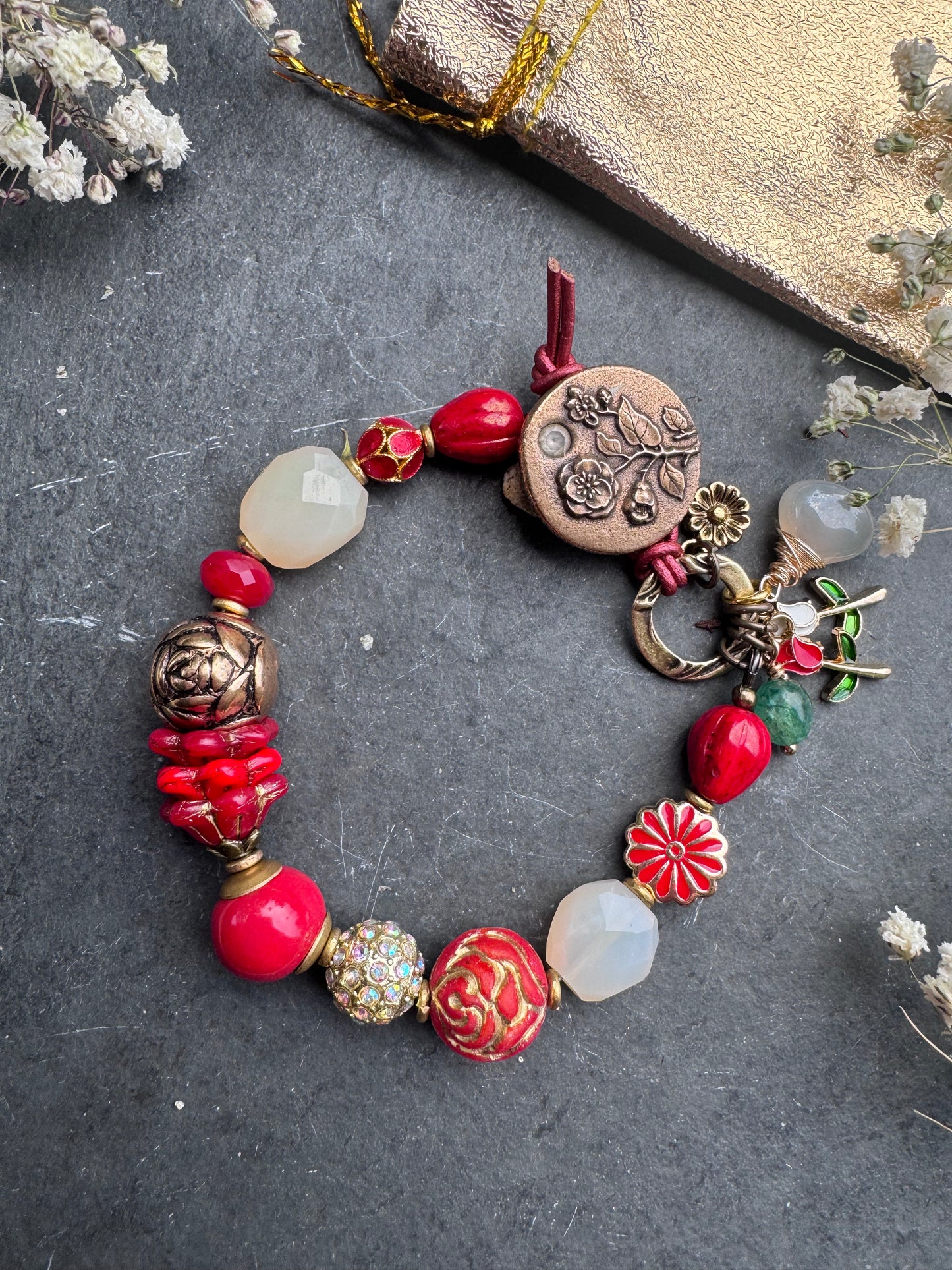Roses. white chalcedony, Czech glass, ceramic, rhinestone and Cloisonné. Rose bronze button.