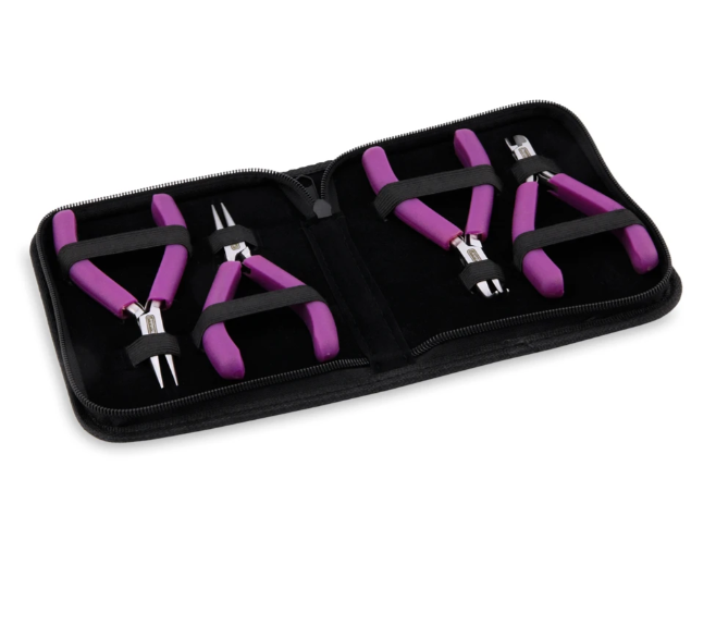Designer Series Pliers Kit, Purple Vinyl-Free Grips, Chain Nose, Bent Chain Nose, Round Nose, Semi-Flush Cutter, 4 pc with Zip Pouch