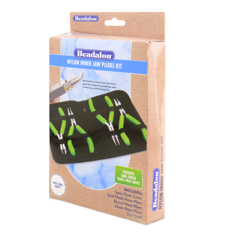 Professional Series Nylon Inner Jaw Pliers Kit, Lime Green Vinyl-Free Grips, Chain Nose, Bent Chain Nose, Round Nose, Semi-Flush Cutter, 5.75 in / 14.6 cm ea, 4 pc with Pouch