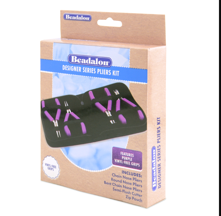 Designer Series Pliers Kit, Purple Vinyl-Free Grips, Chain Nose, Bent Chain Nose, Round Nose, Semi-Flush Cutter, 4 pc with Zip Pouch