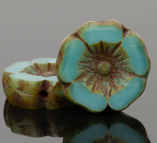 Hibiscus Flower (12mm) Turquoise Uranium Silk Glass with Picasso Finish