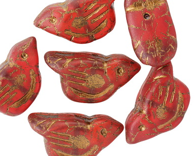 Red with gold Czech Glass Bird Beads 11x22mm