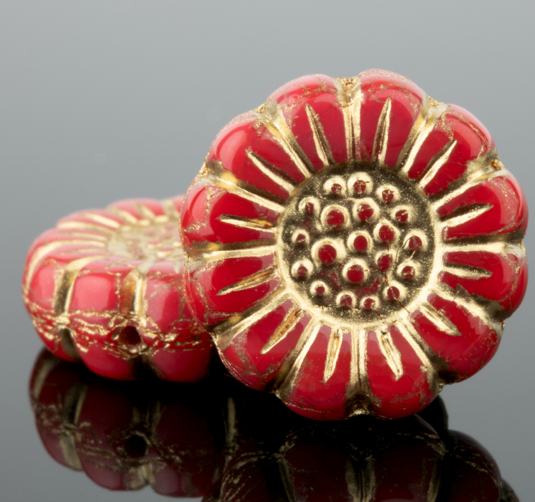 Sunflower (13mm) Coral Red Opaque with Gold Wash