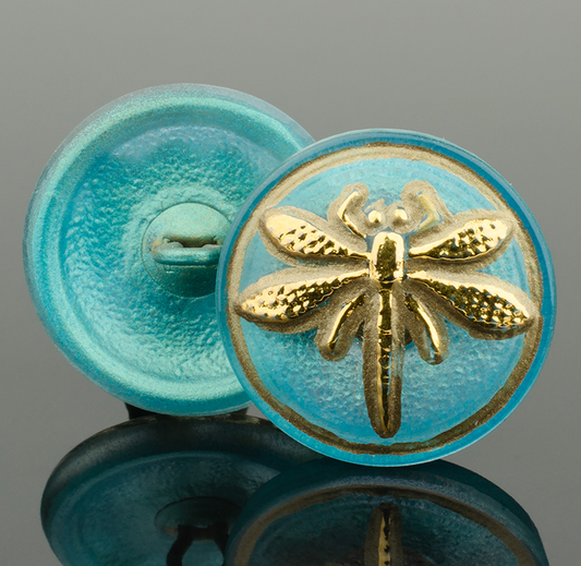 Round Dragonfly Aqua Blue Antiqued with Gold Paint- 18mm