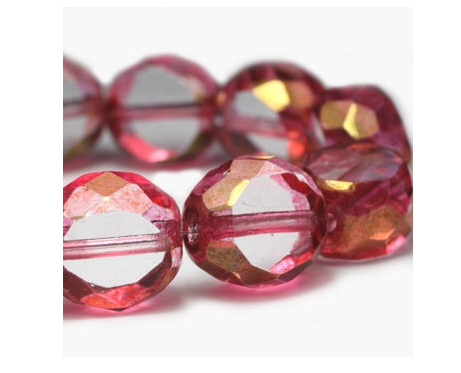 12mm Dual Faceted Round Medium Pink with Golden Luster