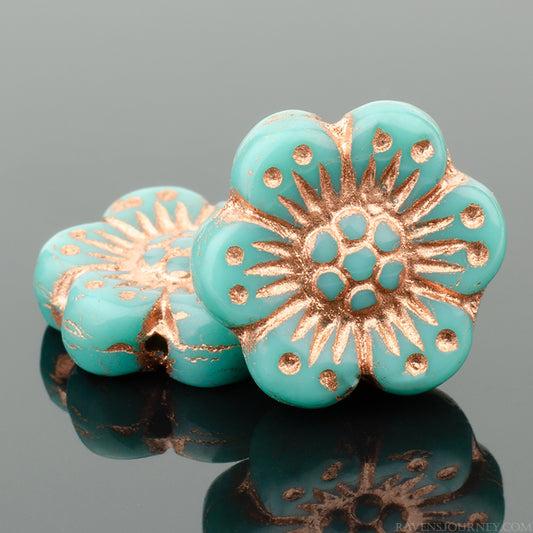Premium Czech glass rose flowers, turquoise with copper wash, 14mm