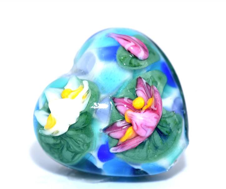 Heart lampwork bead-Water Lily Pond Heart
