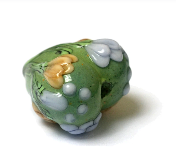 Heart lampwork bead-Green with Light Brown Flower Heart