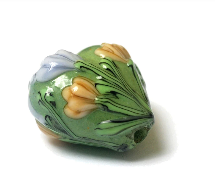 Heart lampwork bead-Green with Light Brown Flower Heart