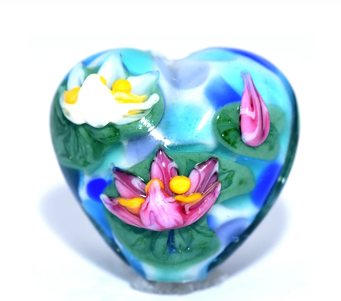 Heart lampwork bead-Water Lily Pond Heart