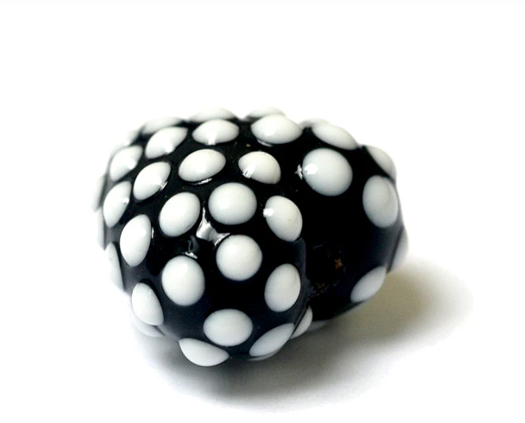 Heart lampwork bead-Black w/White Polka Dots Heart
