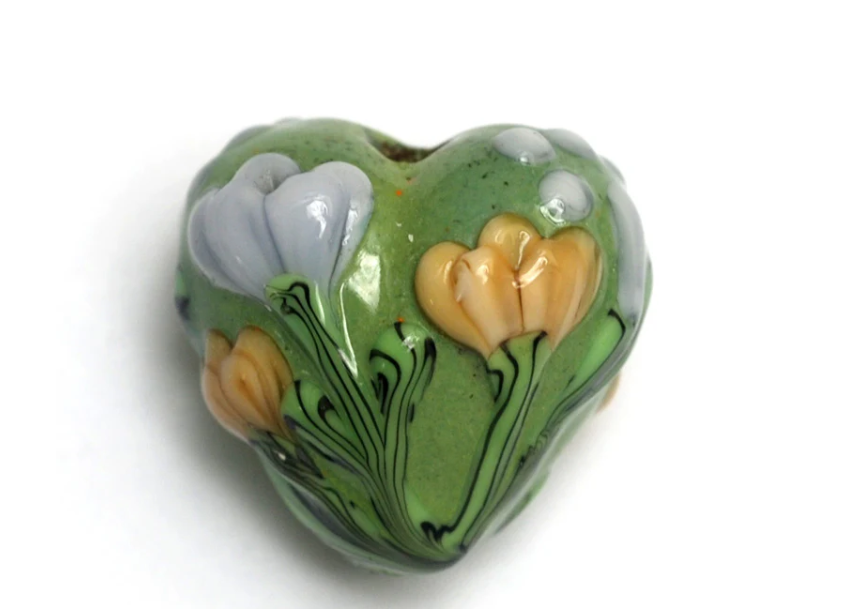 Heart lampwork bead-Green with Light Brown Flower Heart