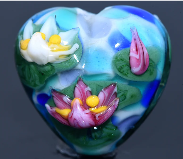 Heart lampwork bead-Water Lily Pond Heart