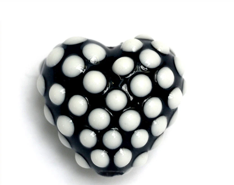 Heart lampwork bead-Black w/White Polka Dots Heart