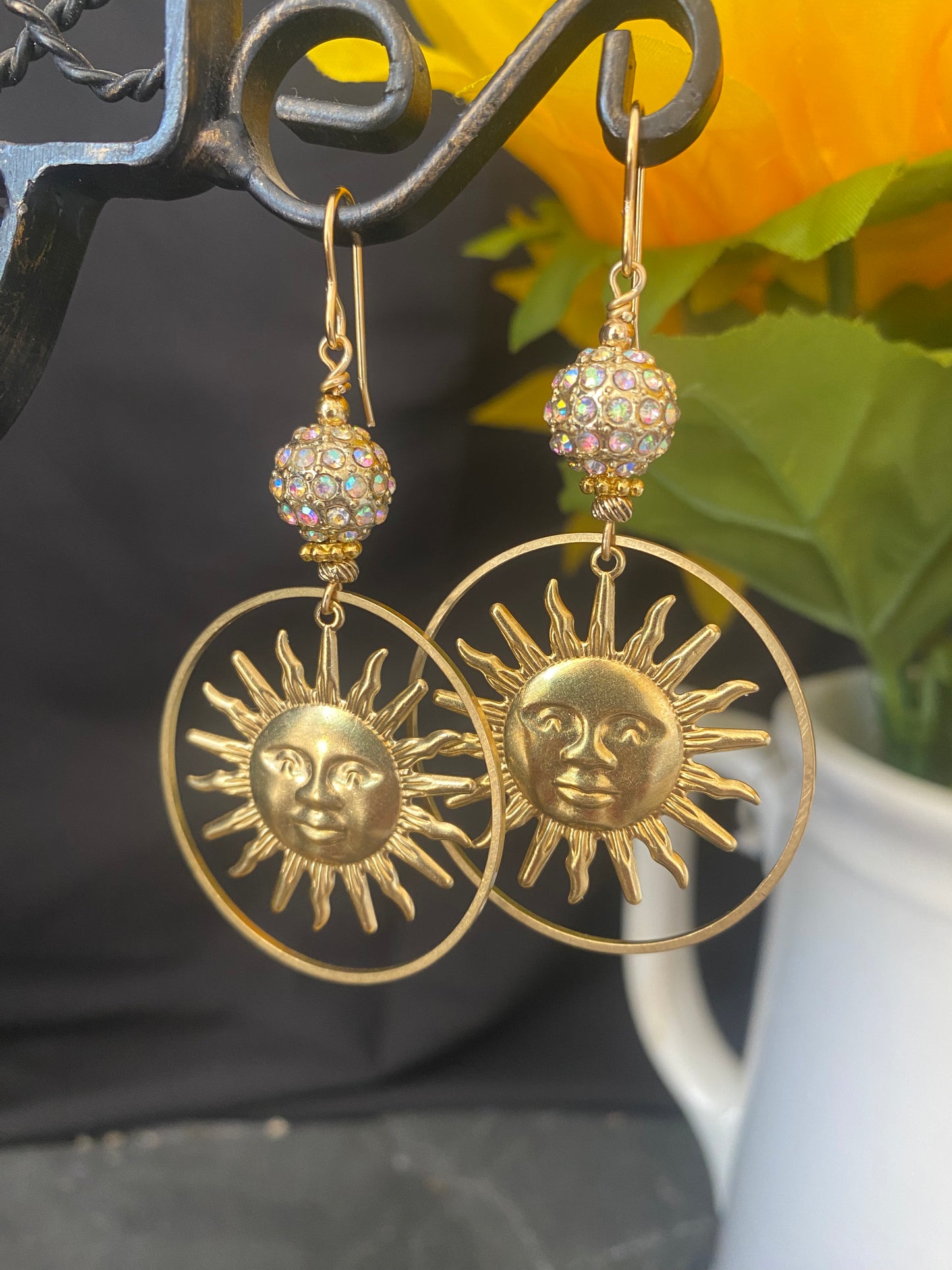 Rhinestone sparkly beads, sun charm, gold metal, earrings