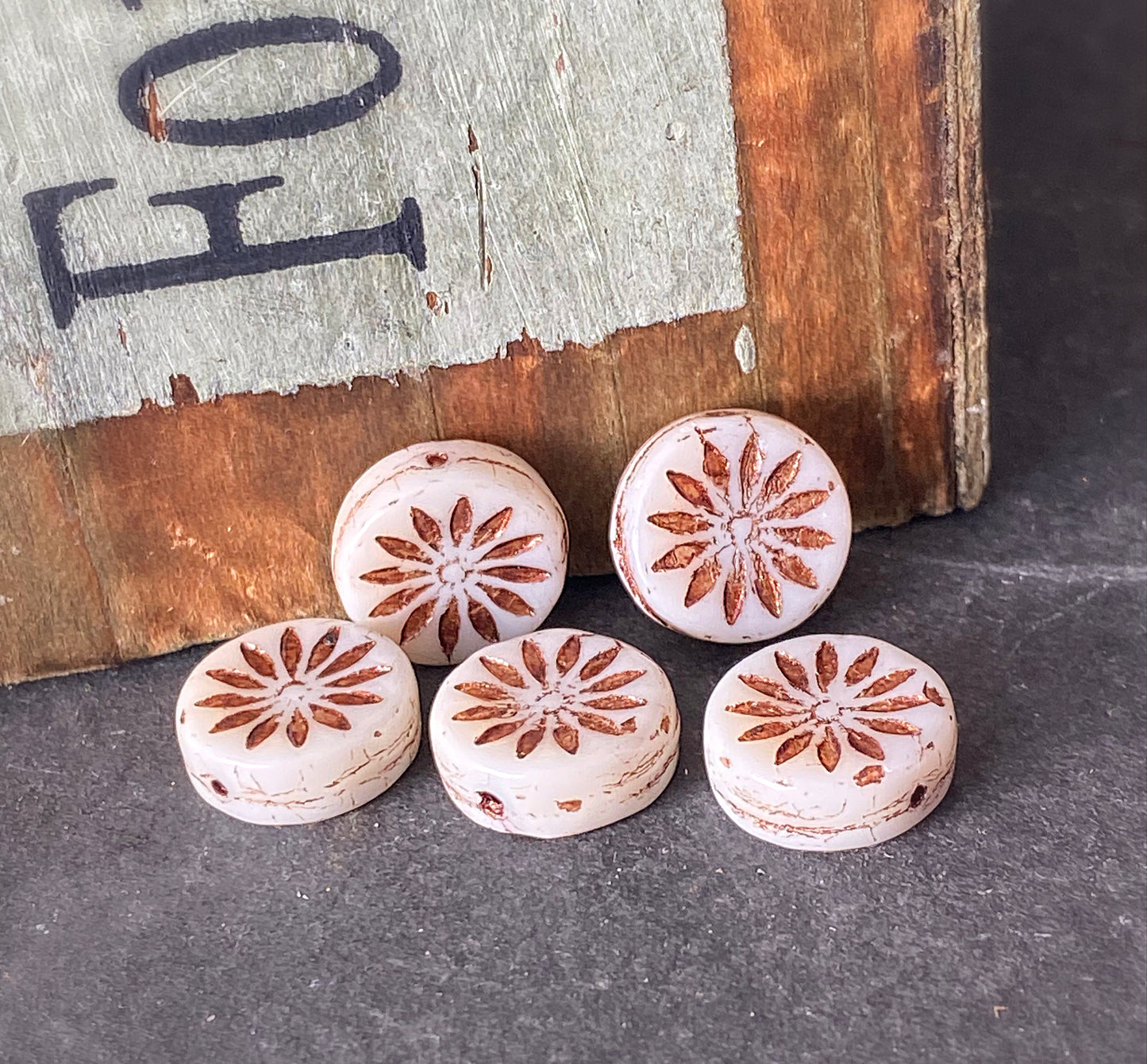 Czech Glass Aster Flower Coin Beads - Ivory Opaque with Dark Bronze Wash - 12mm - 6 or 15 Beads