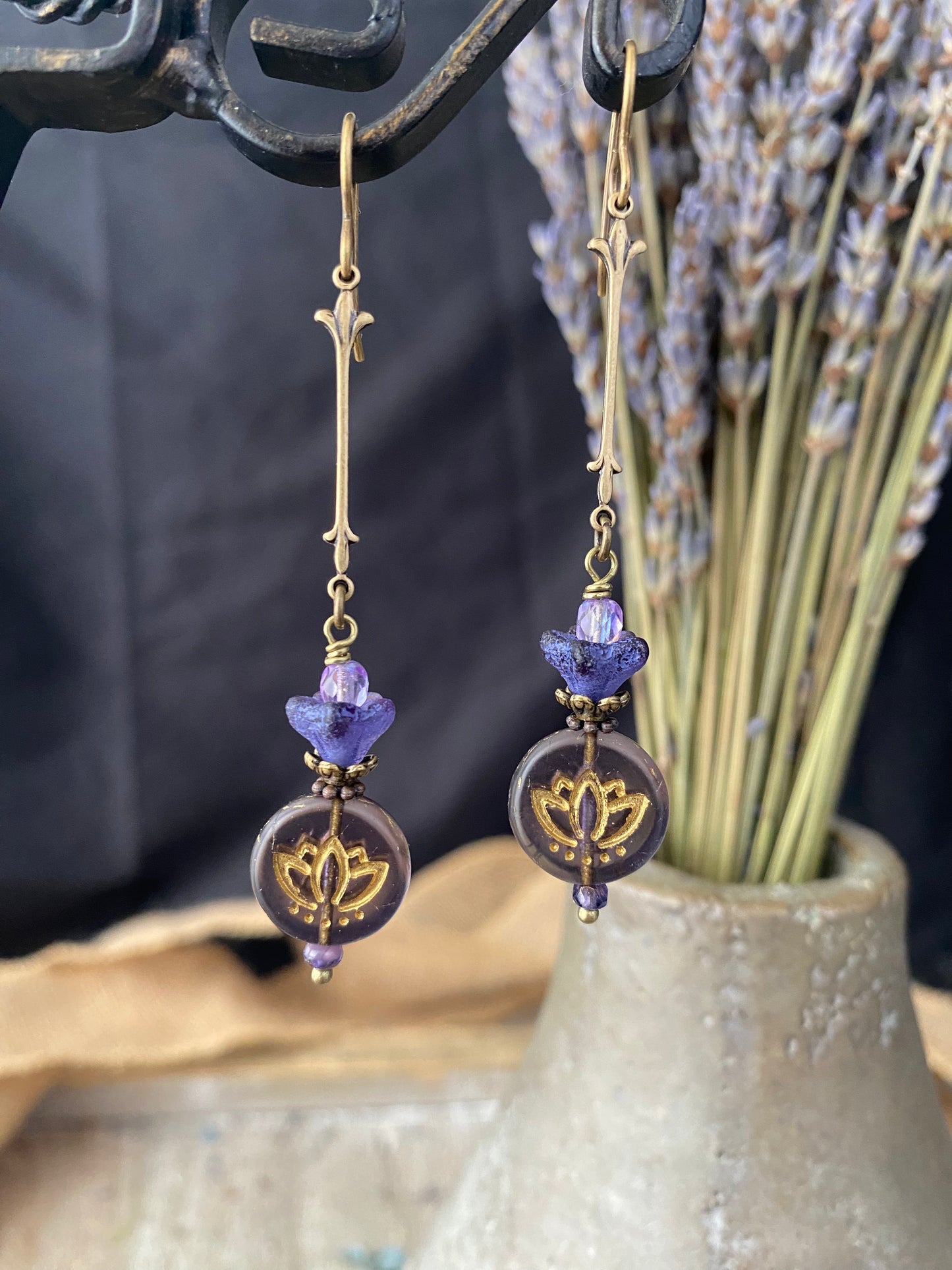 Purple lotus flower Czech glass, purple Czech glass, bronze metal, earrings