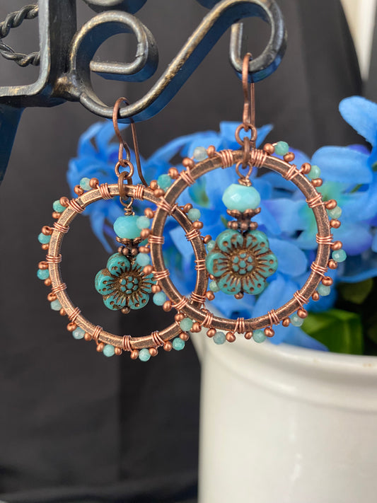 Amazonite stone, turquoise Czech glass flowers, copper metal hoops, wire wrapped, earrings