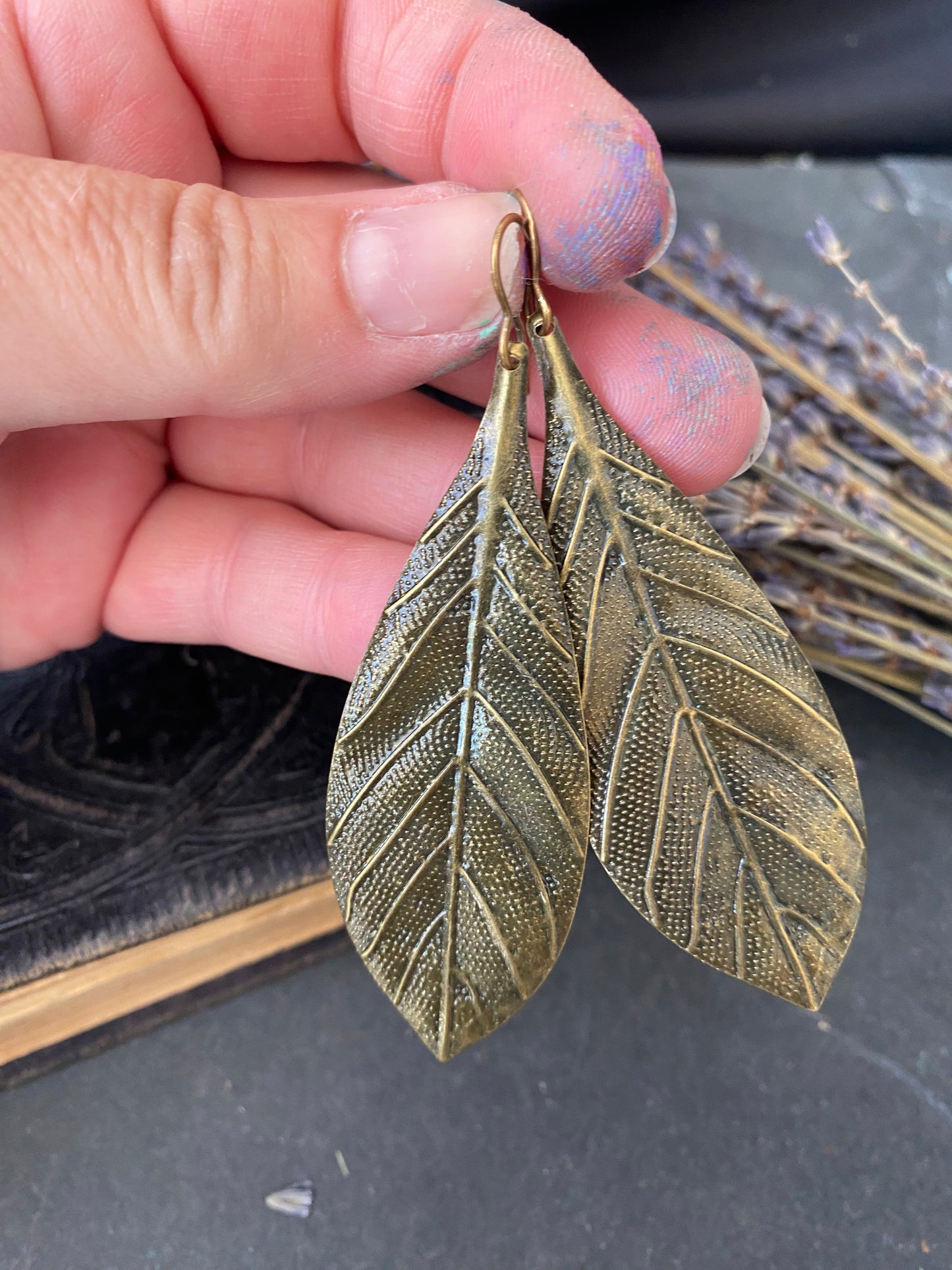 Bronze leaves, boho, long drop, bronze earrings