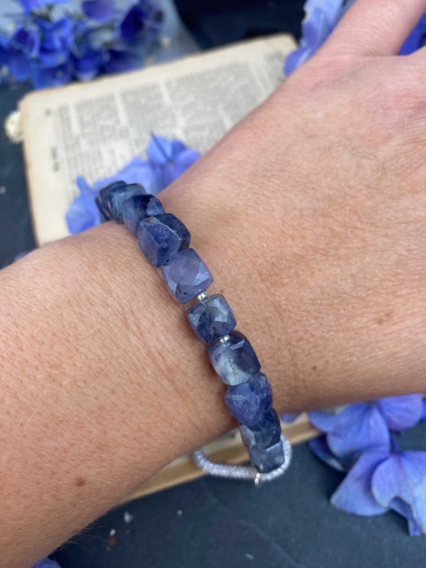 Iolite gemstone and rhinestone, silver clasp, bracelet