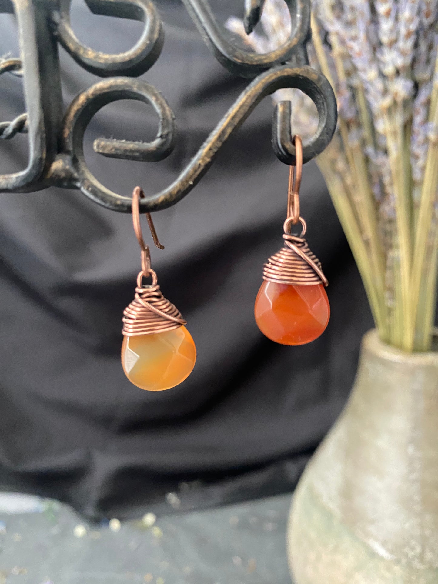 Orange carnelian agate stone drops, copper metal earrings, jewelry.