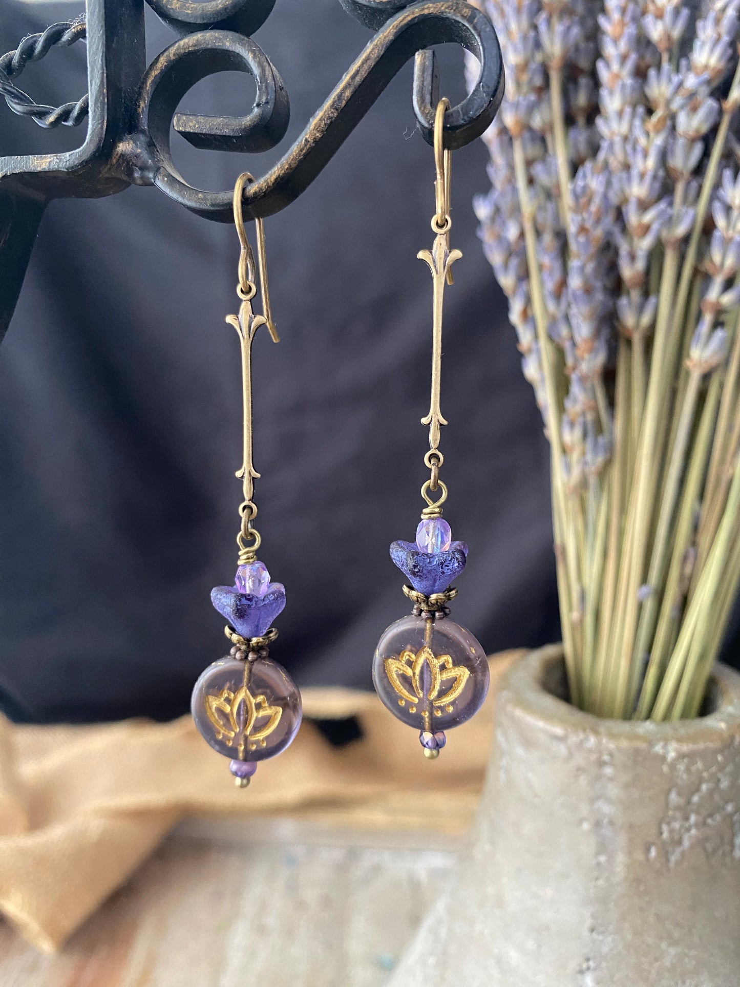 Purple lotus flower Czech glass, purple Czech glass, bronze metal, earrings