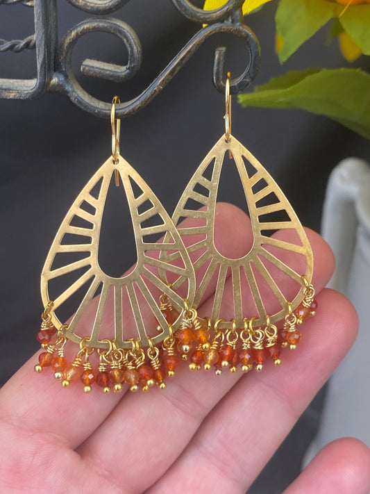 Orange Carnelian agate stone  and gold metal, earrings