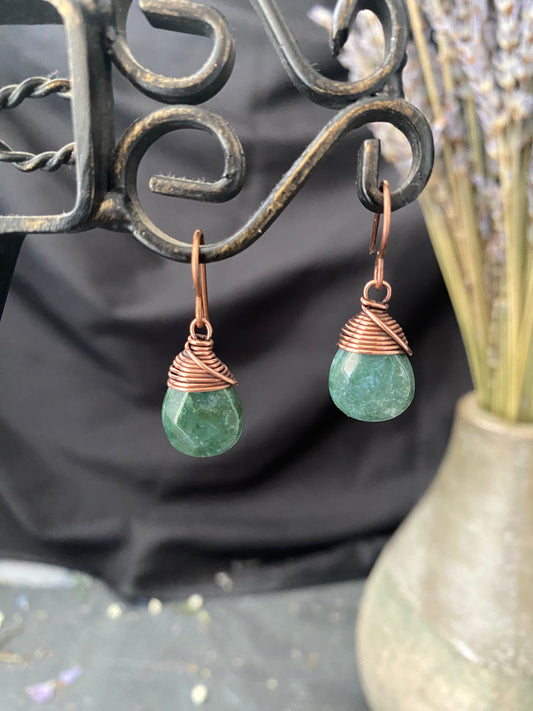 Green Jasper stone drops, copper metal earrings, jewelry.