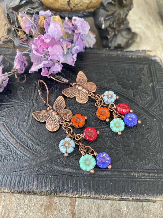 Copper butterfly charms, mixed colors Czech glass flower bead caps, bronze metal, earrings