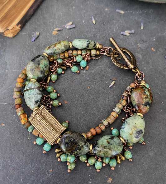 African turquoise stone, African brass, chain, Czech glass, multi strand, bracelet.