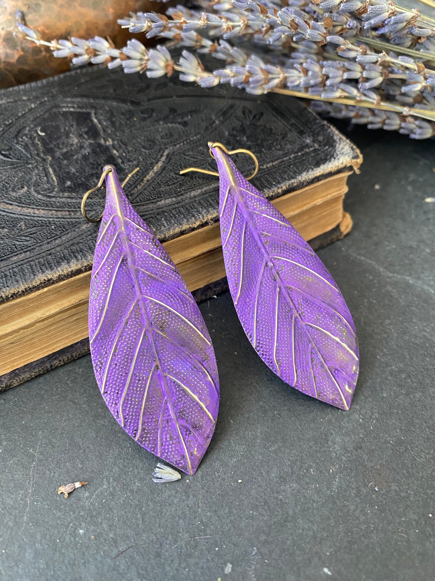 Purple and Bronze leaves, boho, long drop, bronze earrings